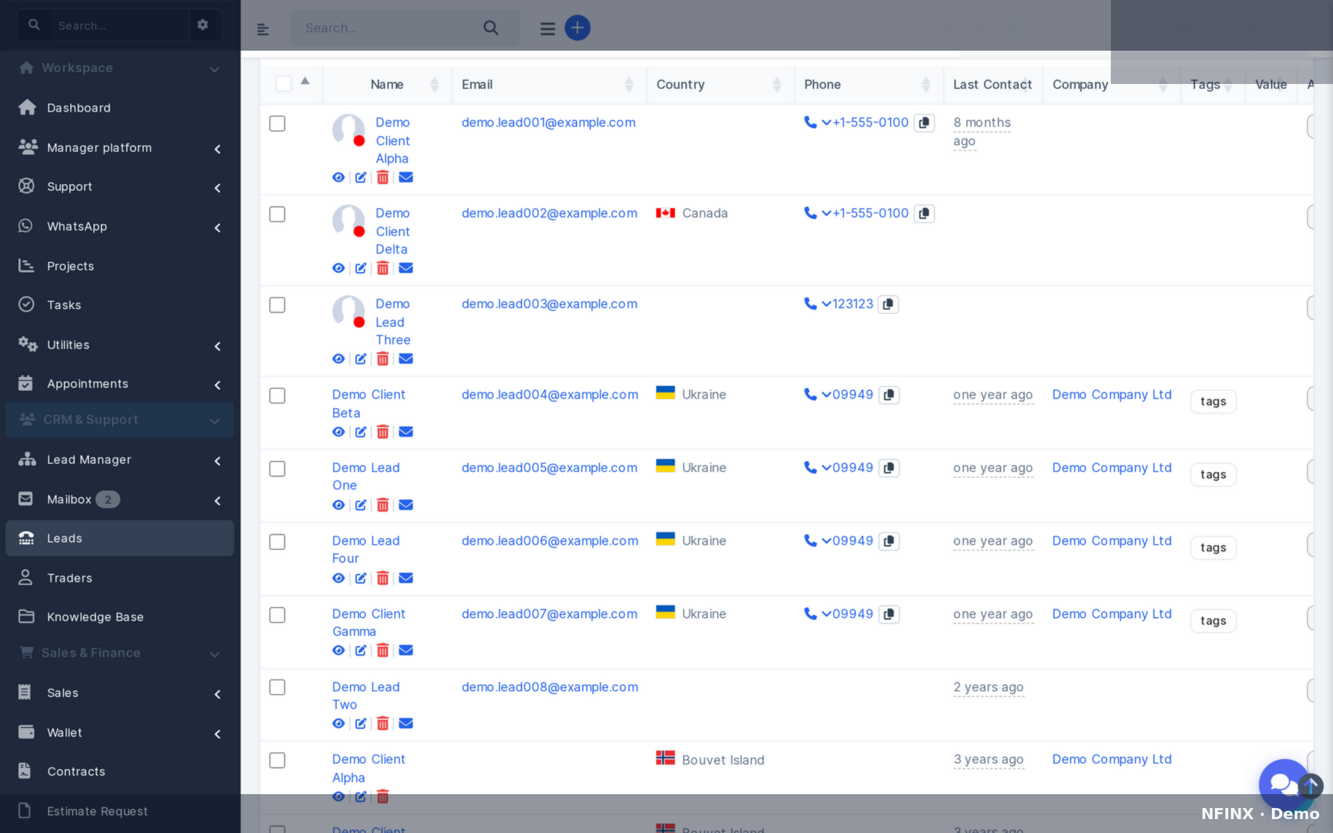 NFINX operator CRM lead queue with KYC and treasury controls
