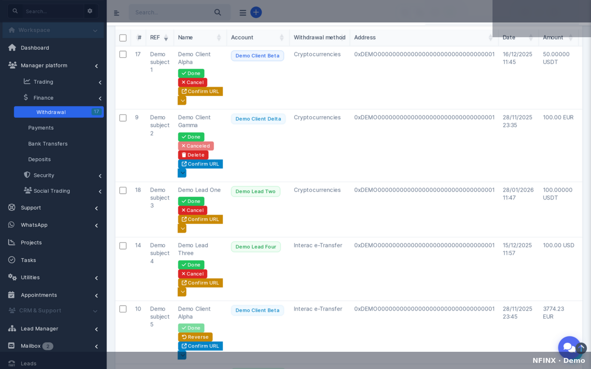 Withdrawal and payout operations in CRM
